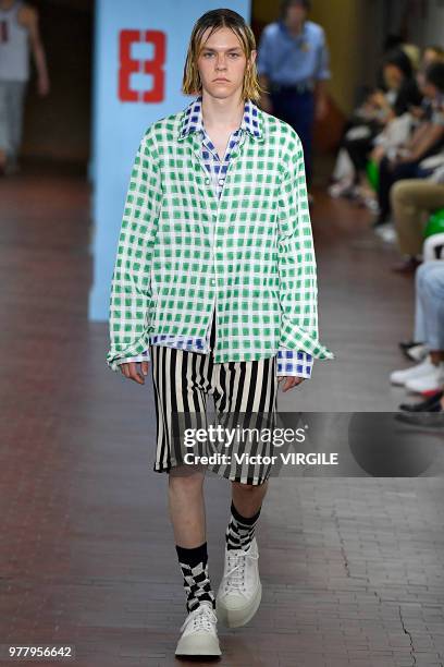 Model walks the runway at the Marni fashion show during Milan Men's Fashion Week Spring/Summer 2019 on June 16, 2018 in Milan, Italy.