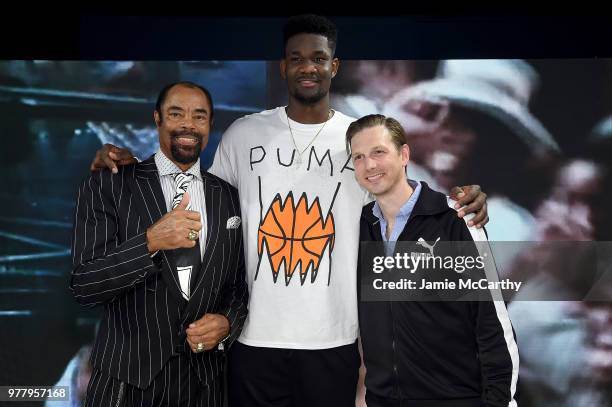 Walt "Clyde" Frazier, Deandre Ayton and PUMA global director of brand and marketing Adam Petrick attend the PUMA Hoops HQ kickoff where Walt "Clyde"...