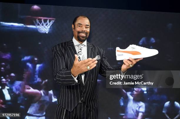 Walt "Clyde" Frazier signs the first ever life long contract with PUMA at the PUMA Hoops HQ kickoff on June 18, 2018 in Brooklyn.