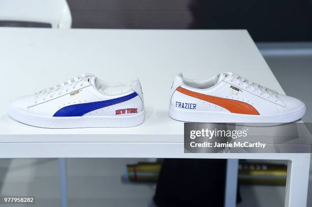 Sneakers on display at the PUMA Hoops HQ kickoff where Walt "Clyde" Frazier signs the first ever life long contract with PUMA on June 18, 2018 in...