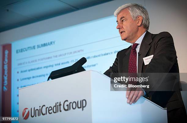 Alessandro Profumo, chief executive officer of UniCredit Spa, speaks at a news conference in London, U.K., on Wednesday, March 17, 2010. UniCredit...