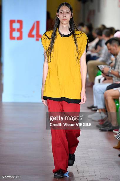 Model walks the runway at the Marni fashion show during Milan Men's Fashion Week Spring/Summer 2019 on June 16, 2018 in Milan, Italy.