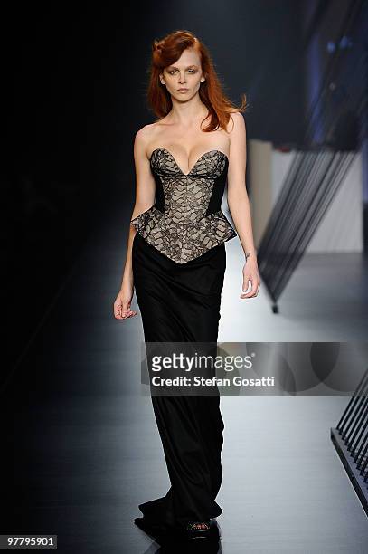 Model showcases designs on the catwalk by Yeojin Bae as part of L'Oreal Paris Runway 4 on the third day of the 2010 L'Oreal Melbourne Fashion...