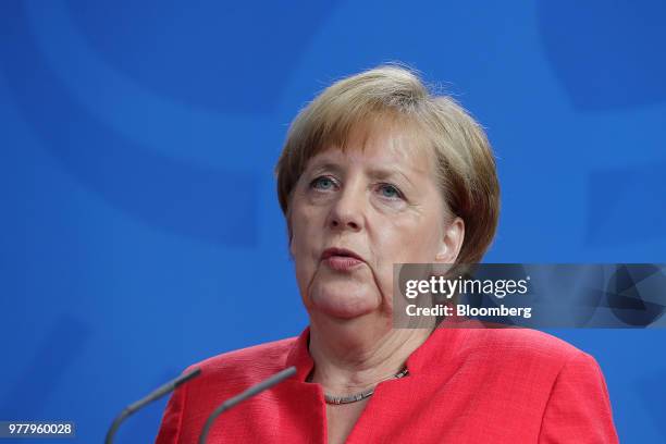 Angela Merkel, Germany's chancellor, speaks during a news conference with Giuseppe Conte, Italy's prime minister, not pictured, at the Chancellery in...