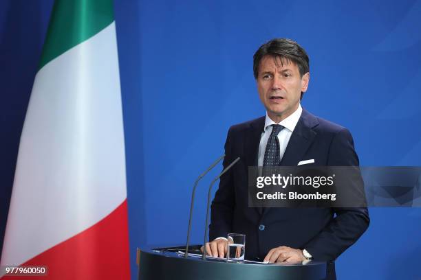 Giuseppe Conte, Italy's prime minister, speaks during a news conference with Angela Merkel, Germany's chancellor, not pictured, at the Chancellery in...