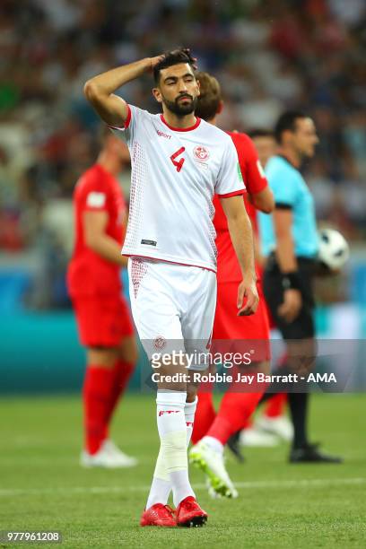 Yassine Meriah of Tunisia reacts during the 2018 FIFA World Cup Russia group G match between Tunisia and England at Volgograd Arena on June 18, 2018...