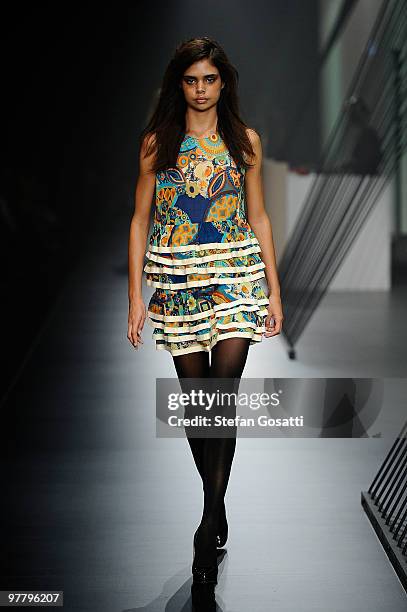 Model Samantha Harris showcases designs on the catwalk by Karen Walker as part of L'Oreal Paris Runway 4 on the third day of the 2010 L'Oreal...