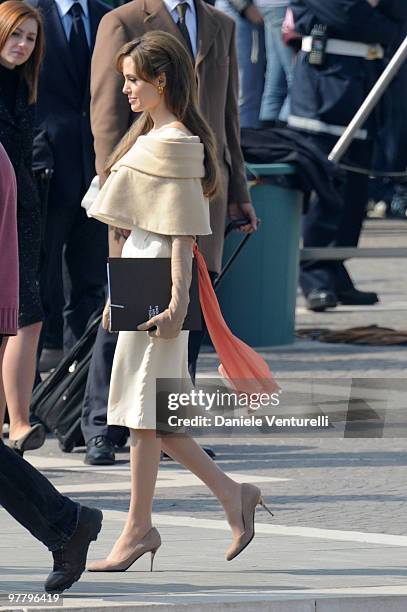 Actress Angelina Jolie is seen at the Piazzale della Stazione, filming on location for "The Tourist" on March 17, 2010 in Venice, Italy.