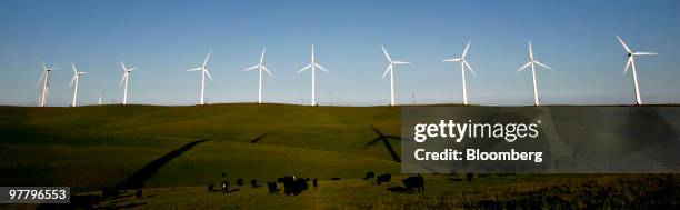 Vestas Wind Systems A/S 292-foot-tall wind turbines operate at the Sacramento Municipal Utility District 102 megawatt wind farm in Rio Vista,...