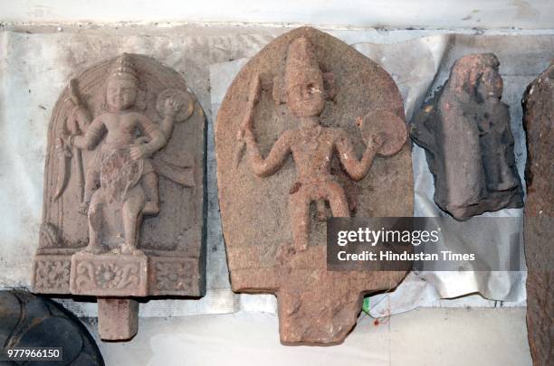 Two ancient sculptures of the village deities or gramdevs which were found near the Ulhas river basin displayed at the Titwala Museum, Kalyan on June...