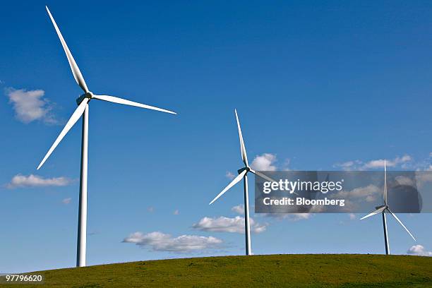 Vestas Wind Systems A/S 415-foot-tall wind turbines operate at the Sacramento Municipal Utility District 102 megawatt wind farm in Rio Vista,...