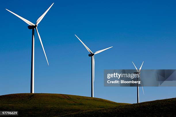 Vestas Wind Systems A/S 415-foot-tall wind turbines operate at the Sacramento Municipal Utility District 102 megawatt wind farm in Rio Vista,...