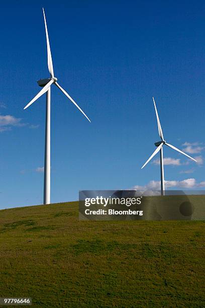 Vestas Wind Systems A/S 415-foot-tall wind turbines operate at the Sacramento Municipal Utility District 102 megawatt wind farm in Rio Vista,...