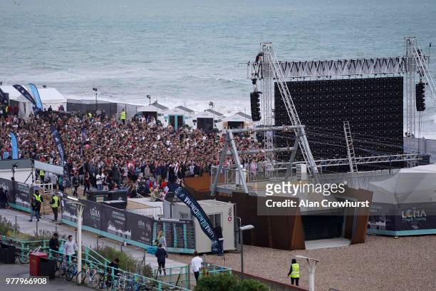 Football fans watch the match inside the Lunar Beach Cinema on Brighton beach as England play Tunisia in the group stages of the 2018 FIFA World Cup...