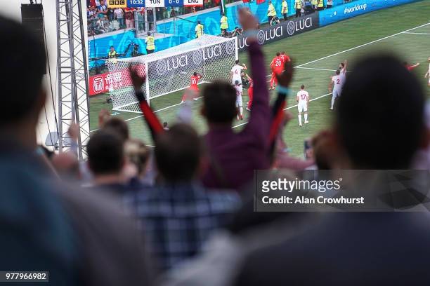 Fans celebrate as Harry Kane scores for England as they play Tunisia in the group stages of the 2018 FIFA World Cup tournament on June 18, 2018 in...
