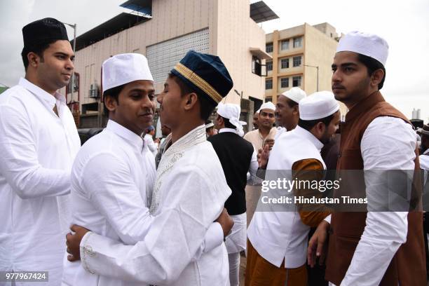 Muslims perform Eid Al-Fitr prayer inside Masjid at APMC Turbhe on June 16, 2018 in Navi Mumbai, India. The auspicious occasion of Eid-Ul-Fitr is a...