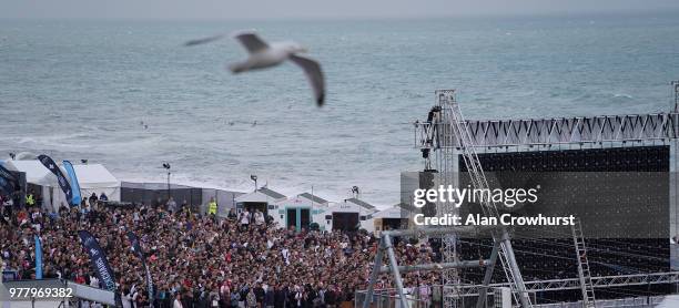 Football fans watch the match inside the Lunar Beach Cinema on Brighton beach as England play Tunisia in the group stages of the 2018 FIFA World Cup...