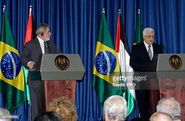 In this handout image supplied by the Palestinian Press Office , Palestinian President Mahmoud Abbas holds a press conference with Brazilian...