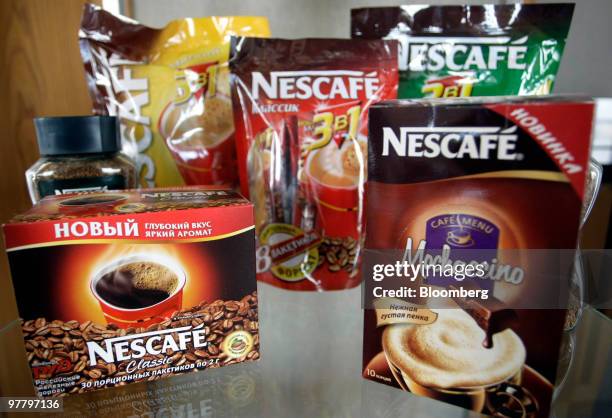 Selection of Nestle's Russian products sit on display in Moscow, Russia, on Wednesday, March 17, 2010. Nestle SA, the worldÕs largest food company,...