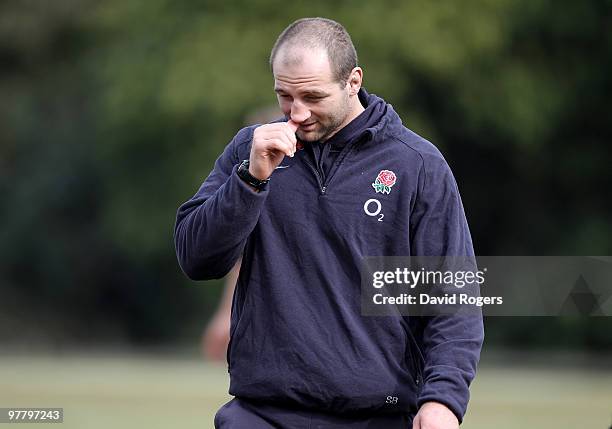 Steve Borthwick, the injured England captain looks concerned during the England training session held at Pennyhill Park on March 17, 2010 in Bagshot,...