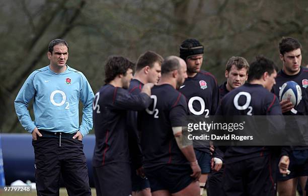 Martin Johnson, the England head coach watches his team during the England training session held at Pennyhill Park on March 17, 2010 in Bagshot,...