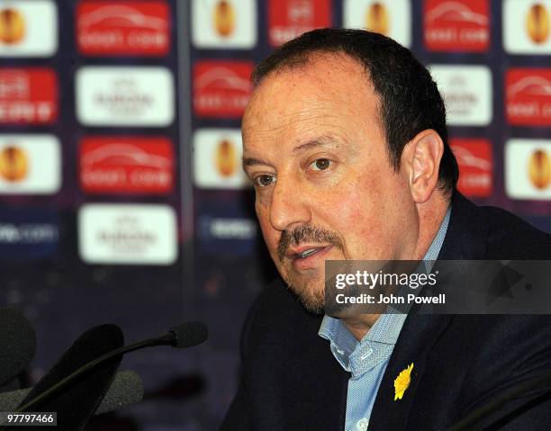 Manager of Liverpool Rafael Benitez during a press conference at Anfield on March 17, 2010 in Liverpool, United Kingdom. Liverpool will play Lille on...