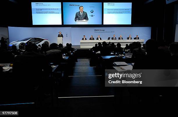 Norbert Reithofer, chief executive officer of Bayerischen Motoren Werke AG , speaks on a large screen during the company's news conference in Munich,...