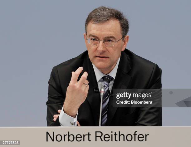 Norbert Reithofer, chief executive officer of Bayerischen Motoren Werke AG , gestures while speaking during the company's news conference in Munich,...