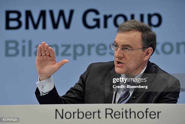 Norbert Reithofer, chief executive officer of Bayerischen Motoren Werke AG , gestures while speaking during the company's news conference in Munich,...