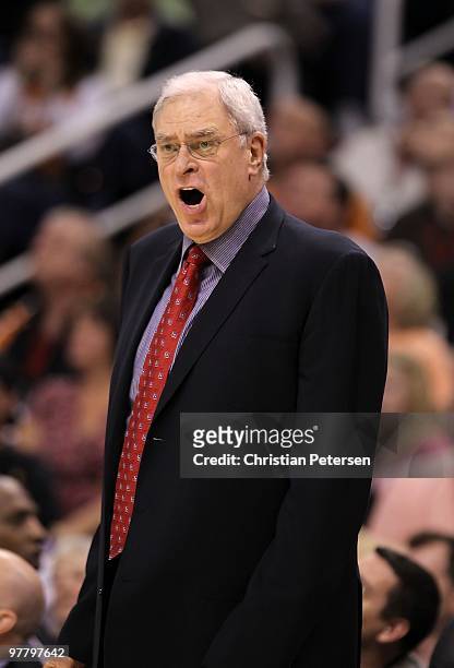Head coach Phil Jackson of the Los Angeles Lakers reacts during the NBA game against the Phoenix Suns at US Airways Center on March 12, 2010 in...