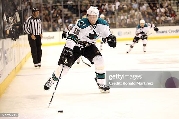 Dany Heatley of the San Jose Sharks at American Airlines Center on March 16, 2010 in Dallas, Texas.