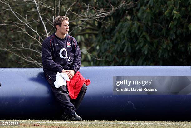 Jonny Wilkinonson looks dejected as he sits during the England training session held at Pennyhill Park on March 17, 2010 in Bagshot, England.