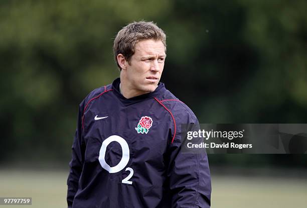 Jonny Wilkinson, looks dejected during the England training session held at Pennyhill Park on March 17, 2010 in Bagshot, England.