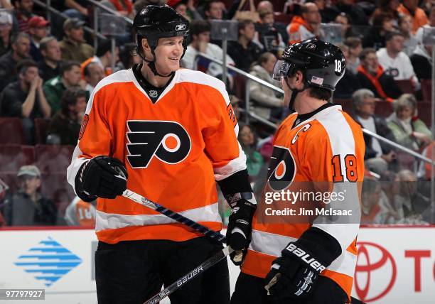 Chris Pronger and Mike Richards of the Philadelphia Flyers skate against the Toronto Maple Leafs on March 7, 2010 at Wachovia Center in Philadelphia,...