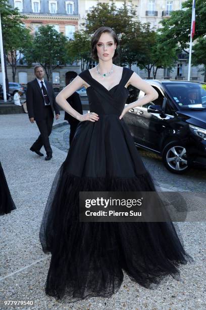 Model Coco Rocha arrives at the launch of Piaget's new sunlight escape high jewellery collection at Palais D'iena on June 18, 2018 in Paris, France.