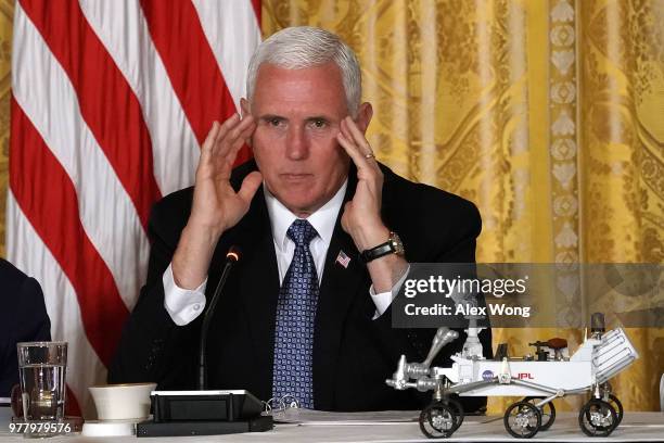 Vice President Mike Pence speaks during a meeting of the National Space Council at the East Room of the White House June 18, 2018 in Washington, DC....