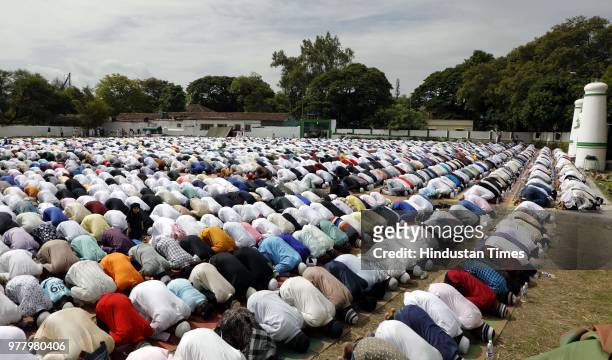 Ramzan eid namaz at Golibar maidan on June 16, 2018 in Pune, India. The auspicious occasion of Eid-Ul-Fitr is a festival that marks the breaking of a...