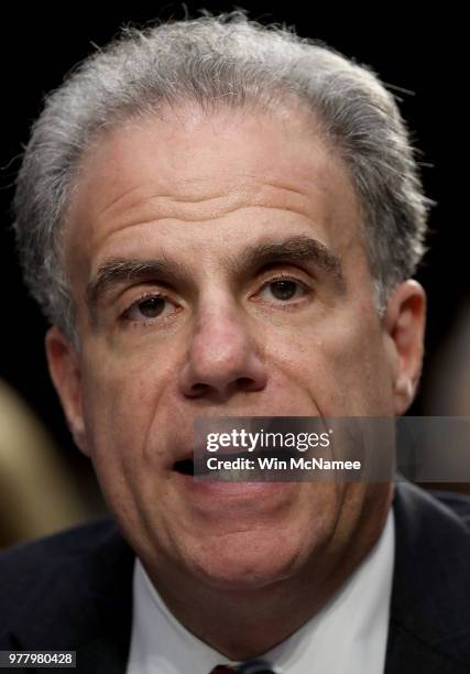 Justice Department Inspector General Michael Horowitz testifies before the Senate Judiciary Committee on Capitol Hill June 18, 2018 in Washington,...