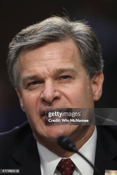 Federal Bureau of Investigation Director Christopher Wray testifies before the Senate Judiciary Committee on Capitol Hill June 18, 2018 in...