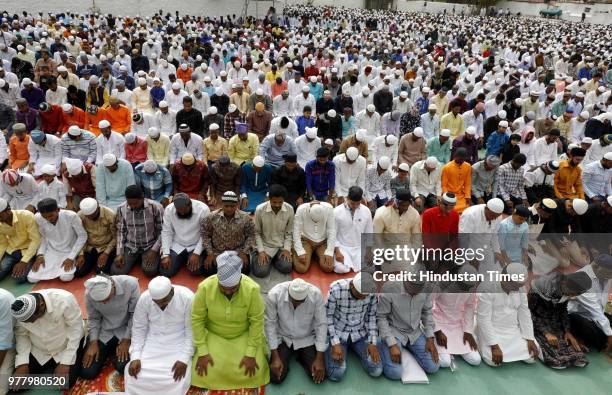 Ramzan eid namaz at Golibar maidan on June 16, 2018 in Pune, India. The auspicious occasion of Eid-Ul-Fitr is a festival that marks the breaking of a...