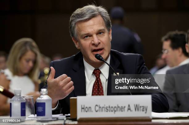 Federal Bureau of Investigation Director Christopher Wray testifies before the Senate Judiciary Committee on Capitol Hill June 18, 2018 in...