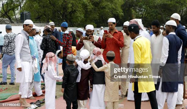 Ramzan eid namaz at Golibar maidan on June 16, 2018 in Pune, India. The auspicious occasion of Eid-Ul-Fitr is a festival that marks the breaking of a...