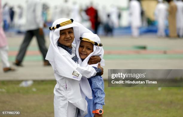 Ramzan eid namaz at Golibar maidan on June 16, 2018 in Pune, India. The auspicious occasion of Eid-Ul-Fitr is a festival that marks the breaking of a...