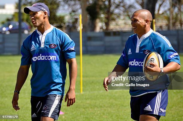 Gio Aplon and Ricky Januarie during the Stormers training session at the High Performance Centre in Bellville on March 17, 2010 in Cape Town, South...