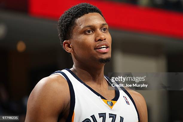 Rudy Gay of the Memphis Grizzlies stands on the court during the game against the New Jersey Nets on March 8, 2010 at FedExForum in Memphis,...