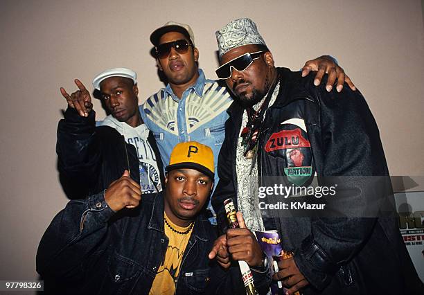 Grandmaster Flash, DJ Kool Herc, Afrika Bambaataa and Chuck D attend Columbia University's Rap Summit circa November 1993 in New York City.