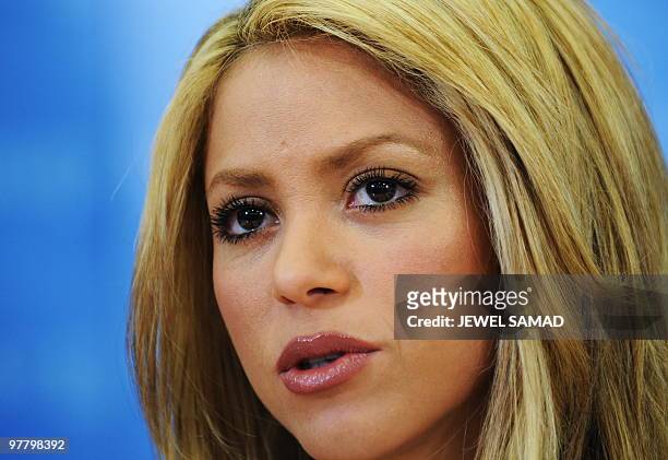 Recording artist Shakira Mebarak, founder of ALAS Foundation, answers a question during a press conference at the World Bank in Washington, DC, on...