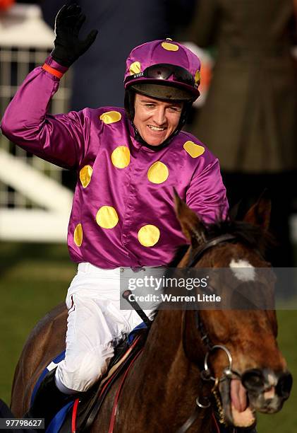 Barry Geraghty celebrates with Big Zeb after winning The Seasons Holiday Queen Mother Championship Steeple Chase on Day Two of the Cheltenham...