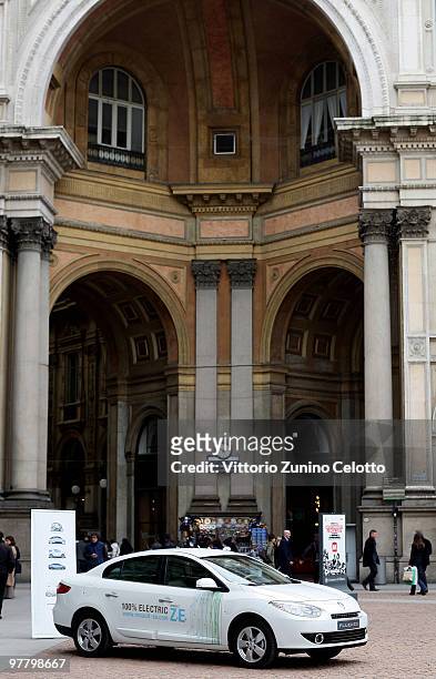 Renault Fluence ZE is seen in Piazza Della Scala on March 17, 2010 in Milan, Italy. Renault Italia, The Municipality of Milan and A2A are partners to...