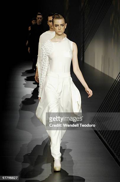 Model showcases designs on the catwalk by Albert Lee as part of L'Oreal Paris Runway 5 on the third day of the 2010 L'Oreal Melbourne Fashion...
